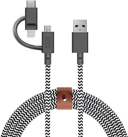 Native Union Belt Cable Universal - 6.5ft Ultra-Strong Reinforced [MFi Certified] Durable Charging Cable with 3-in-1 Adaptor for Lightning, USB-C and Micro-USB Devices (Zebra) - color: Zebra