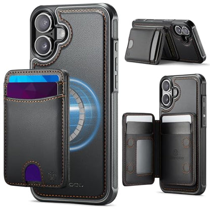 WJX for iPhone 16 MagSafe Wallet Case, 2-in-1 Detachable Luxury Card Holder, Universal MagSafe Compatible, RFID Blocking, Shockproof Kickstand Slim Cover， Black - color: Black, size: iPone 16