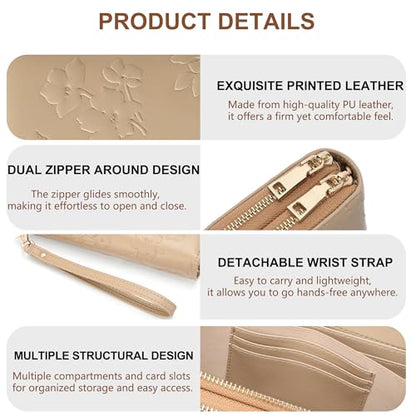 yiijay Womens Wallet RFID Blocking Large Capacity Vegan Leather Double Zip Wristlet Wallet Card Holder Travel Ladies Clutch - color: Khaki
