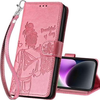 for iPhone 15 Plus Wallet case, Pink-Girl | 3 Card Holders, Kickstand, Shockproof TPU Shell, PU Leather, Magnetic Closure, Protective Flip Folio Cover, Women - color: 1