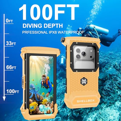 100FT/30M Gen 5 Diving Phone Case, Full Touchscreen Underwater Housing for iPhone 17-12 Pro Max & Samsung Galaxy S26 - S21, IPX8 Scuba Photo/Video Waterproof Case - color: Black_Orange