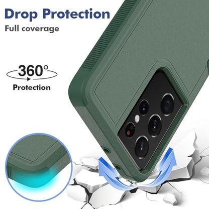 for Samsung Galaxy S21 Ultra Case: Dual Layer Protective Heavy Duty Cell Phone Cover Shockproof Rugged with Screen Protector - Military Protection Bumper Tough - Samsung Galaxy S21 Ultra, Dark Green - color: Dark Green (PC) + Dark Green (TPU)