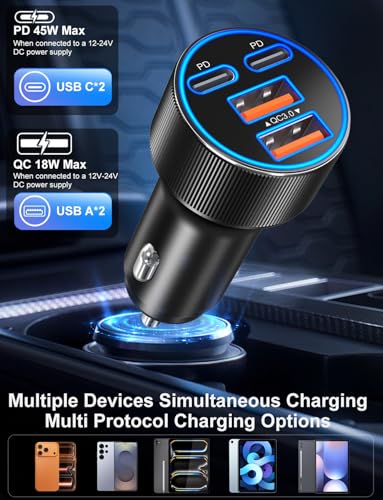 USB C Car Charger, 3 Pack 90W 4-Port Dual 45W Super Fast Car Phone Charger - color: Black