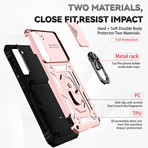 for Samsung Galaxy S22 Case with Camera Lens Cover HD Screen Protector, Dual Layer Military-Grade Drop Tested Magnetic Ring Holder Kickstand Protective Phone Case for Samsung Galaxy S22 5G (Rose Gold) - color: Rose Gold with camera cover Military-Grade 2n