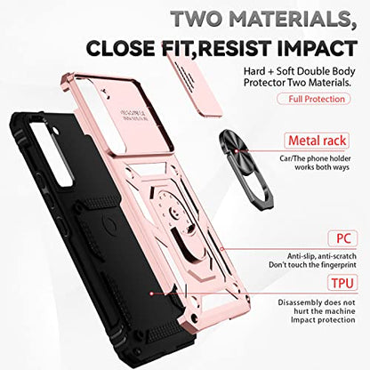 for Samsung Galaxy S22 Case with Camera Lens Cover HD Screen Protector, Dual Layer Military-Grade Drop Tested Magnetic Ring Holder Kickstand Protective Phone Case for Samsung Galaxy S22 5G (Rose Gold) - color: Rose Gold with camera cover Military-Grade 2n
