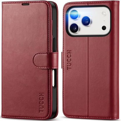 TUCCH Case Wallet for iPhone 17 Pro (6.3"), RFID Blocking Folio, Dark Red | 4 Card Holders, Kickstand, PU Leather, Magnetic Closure, Shockproof TPU Shell, Protective Flip Cover - color: Dark Red