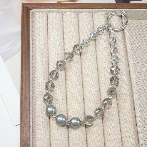 Sparkle Crystal Pearl Phone Wrist Strap for Women, Sparkling Beaded Cellphone Lanyard Chain - color: Crystal Gray