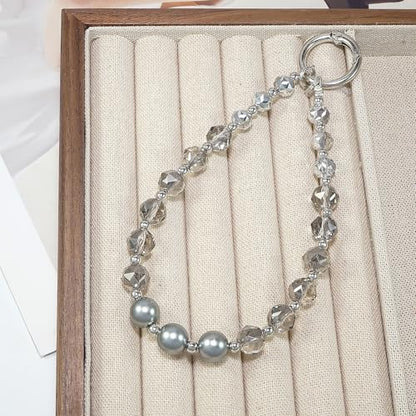 Sparkle Crystal Pearl Phone Wrist Strap for Women, Sparkling Beaded Cellphone Lanyard Chain - color: Crystal Gray