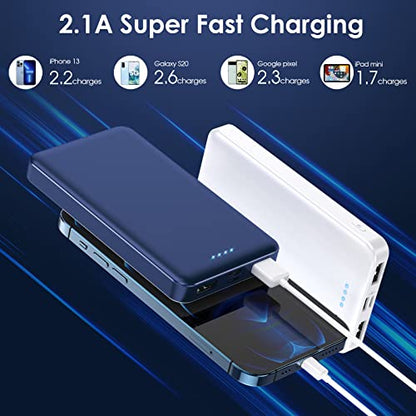 [2 Pack] Portable Charger Power Bank 10000mAh,Ultra Slim Compact External Battery Pack with USB C Input & Output Backup Charger Compatible with iPhone 16/15/14/13, Galaxy S24,Android etc-Blue+White - color: White+Blue
