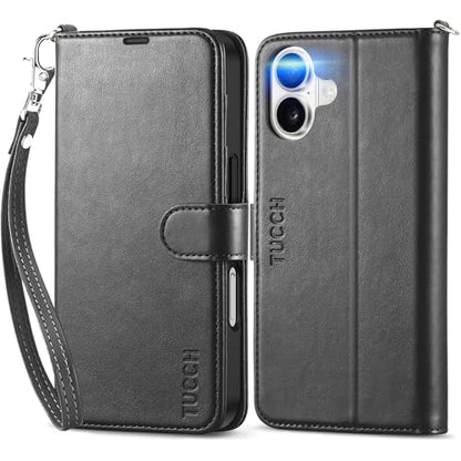 TUCCH Wallet Case with Wrist Strap for iPhone 16 (6.1") 2024, Black | 4 Card Holders, RFID Blocking, Viewing Stand, Shockproof TPU Shell, PU Leather, Magnetic Closure, Folio Flip Cover - color: Strap - Black