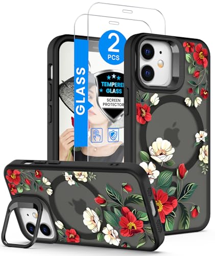 Dretal Magnetic for iPhone 11 Case Floral,Screen Protector,Built-in Lens Ring Stand,Military-Grade Protection,Translucent Matte Magnetic Shockproof Flower Pattern Case for Women Girls-Black - color: Black, size: iPhone 11 6.1"