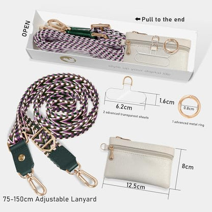UKON Adjustable Phone Lanyard Crossbody Strap With Wallet Clip-and-Go Strap with Zippered Pouch Widened Phone String for iPhone Hands-Free for Travelling Concerts - color: Purple+beige