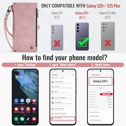 Defencase for Samsung Galaxy S25+/Plus Wallet Case with Card Holder, Pink | with RFID Blocking Zipper Pocket, Durable PU Leather, Wrist Strap, S25 Plus Flip Phone Cases Cover with Stand for Women Men - color: Airy Rose Pink