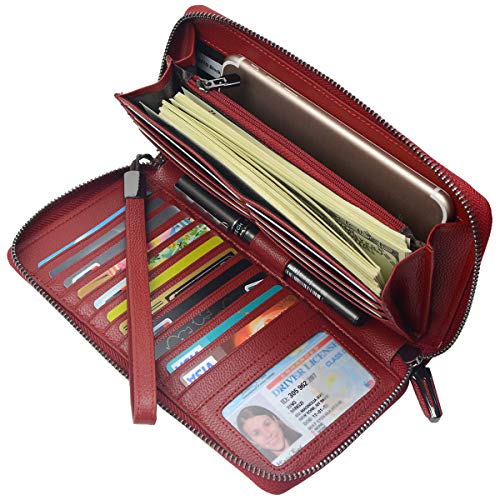 Bveyzi Women RFID Blocking Wallet Leather Zip Around Phone Clutch Large Capacity Ladies Travel Purse Wristlet - color: Wine Red