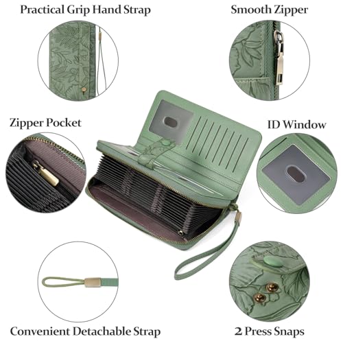 SENDEFN Women's Credit Card Holder RFID Blocking Zip Around Leather Wallet Large Capacity Long Purse with Wristlet - color: Green