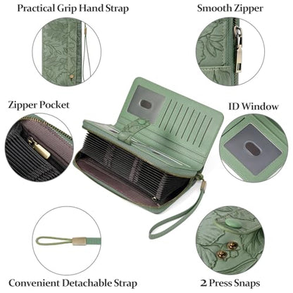 SENDEFN Women's Credit Card Holder RFID Blocking Zip Around Leather Wallet Large Capacity Long Purse with Wristlet - color: Green
