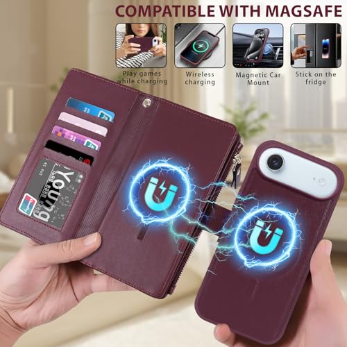 for iPhone 17 AIR Case Wallet,Compatible with MagSafe 2 in 1 Magnetic Detachable PU Leather RFID Blocking Wallet Cover Card Holder Zipper Wrist Strap Lanyard,Quilted Wine Red - color: Quilted Wine Red, size: iPhone 17 AIR