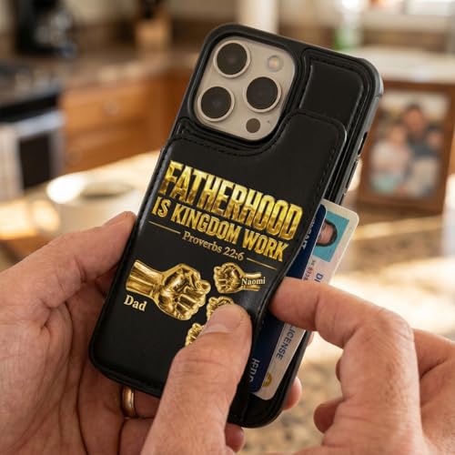 Fatherhood is Kingdom Work Golden Fist Bump Personalized Leather Flip Wallet Phone Case Custom Protective Cellphone Cover Religious Gift for Dad Husband