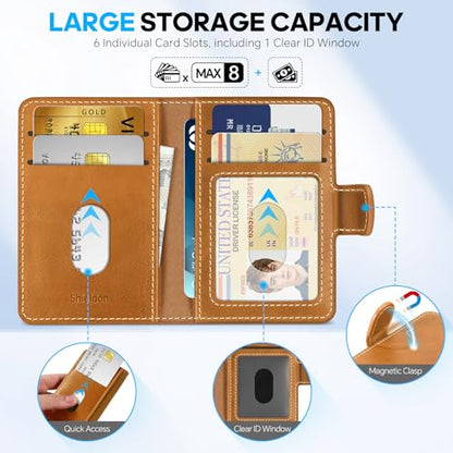 SHIELDON Genuine Leather for Magsafe Wallet, Retro Light Brown | Strong Magnetic, Card Holder, Rfid Blocking, 6 Card Slots, ID Window, for iPhone 17/16/15/14/13/12 Series & Magnet Case - color: Light Brown - Retro