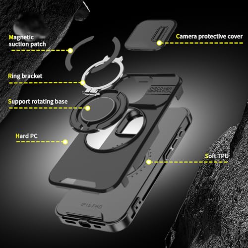 Rugged Shockproof Case for iPhone 17 Pro Max, Heavy Duty Protective Phone Case with Slide Camera Cover, 360° Rotatable Ring Stand & Magnetic Car Mount Compatible (Black,iPhone 17 Pro Max) - color: Black
