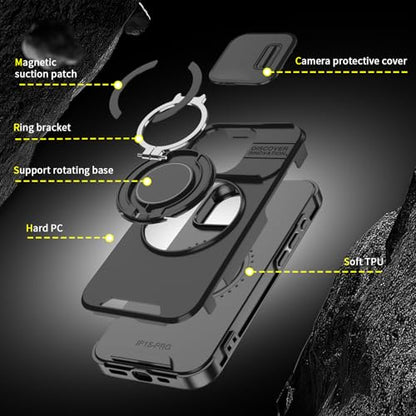 Rugged Shockproof Case for iPhone 17 Pro Max, Heavy Duty Protective Phone Case with Slide Camera Cover, 360° Rotatable Ring Stand & Magnetic Car Mount Compatible (Black,iPhone 17 Pro Max) - color: Black
