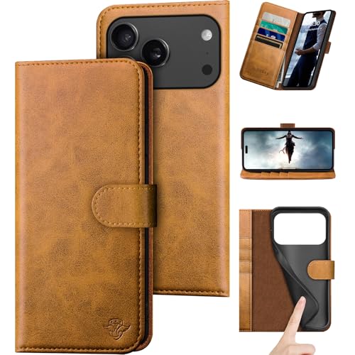 DuckSky Compatible with iPhone 17 Pro Max 6.9" Genuine Leather Wallet case【RFID Blocking】【4 Credit Card Holder】【Real Leather】 Flip Phone case Cover Women Men for Apple 17 Pro Max case Khaki - color: Khaki