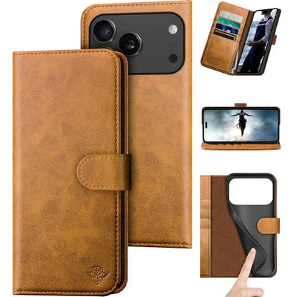 DuckSky Compatible with iPhone 17 Pro Max 6.9" Genuine Leather Wallet case【RFID Blocking】【4 Credit Card Holder】【Real Leather】 Flip Phone case Cover Women Men for Apple 17 Pro Max case Khaki - color: Khaki