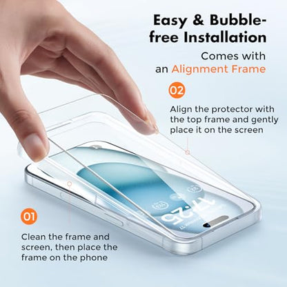 UNBREAKcable 4-Pack iPhone 15 Screen Protector, 9H Hardness | 9H tempered glass | 99.99% HD clarity | Double Shatterproof|alignment frame easy install | case-friendly - size: iPhone 15