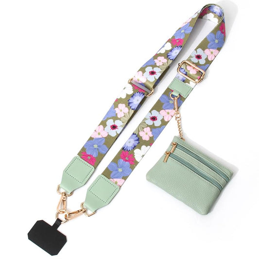 Phone Strap with Zippered Pouch, Clip and Go Strap for Phone with Wallet Crossbody - color: Green-flower