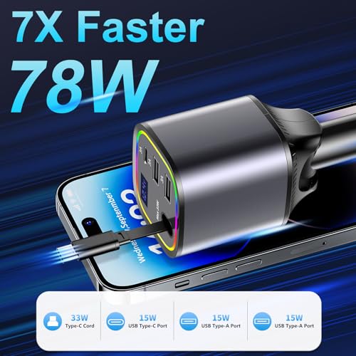 Retractable Car Charger USB C 78W & 85.5W 4 in 1 Fast Car Charger - color: Dark gray