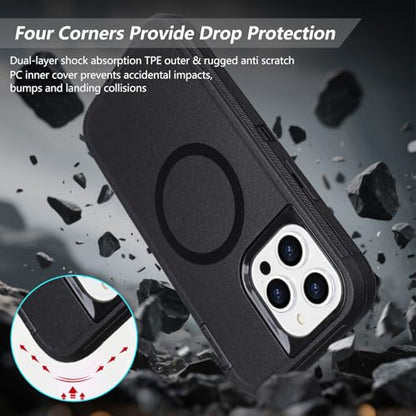 Defender for iPhone 14 Pro Max Magnetic Case with Belt Clip Holster, Black | Compatible with MagSafe, Heavy Duty Rugged Shockproof Anti-Drop Full Body Protective Case for iPhone 14 Pro Max, 6.7 Inch - color: Black