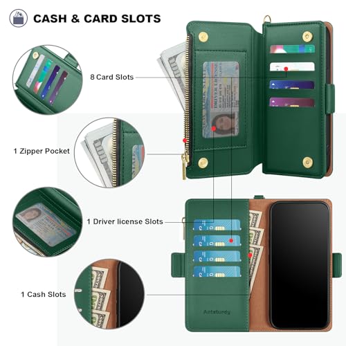 Antsturdy for iPhone 17 Pro Max Phone Wallet Case Women,Green | RFID Blocking,with Credit Card Holder Slots,PU Leather Purse,Zipper Pocket,Wrist Strap Kickstand,Flip Folio Cover for Men - color: Green