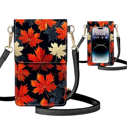 Small Crossbody Bags for Women Touchscreen Cell Phone Bag Cross Body Purses with adjustable Strap,Gifts For Teenage Girls - color: White & Red Leaves
