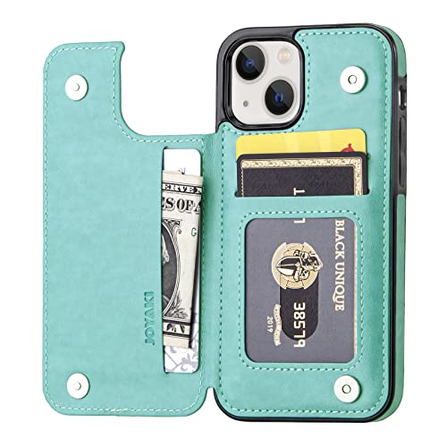 Wallet Case Compatible with iPhone 15,Slim Protective case with Card Holder,Premium PU Leather Kickstand Card Slots with Double Magnetic Clasp for iPhone 15(6.1")-Green Butterfly - color: Green