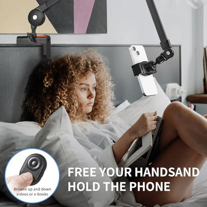 Phone Holder for Desk Bed, Overhead Mount with Wireless Remote, Flexible Phone Stand Lazy Bracket Mount Long Arm Clamp for iPhone, Samsung, Google Pixel, Moto