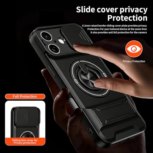 Dssairo for iPhone 16 case with 360°Rotation Magnetic Ring Compatible with MagSafe Slide Camera Cover Foldable Stand Military-Grade Shockproof Protective case (Black, iPhone 16) - color: Black, size: iPhone 16