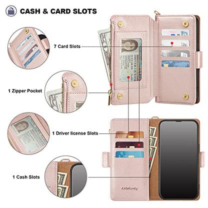 Antsturdy for iPhone 14 Plus Phone Wallet Case Women,Rose Gold | RFID Blocking,with Credit Card Holder Slots,PU Leather Purse,Zipper Pocket,Wrist Strap Kickstand,Flip Folio Cover for Men - color: Rose Gold