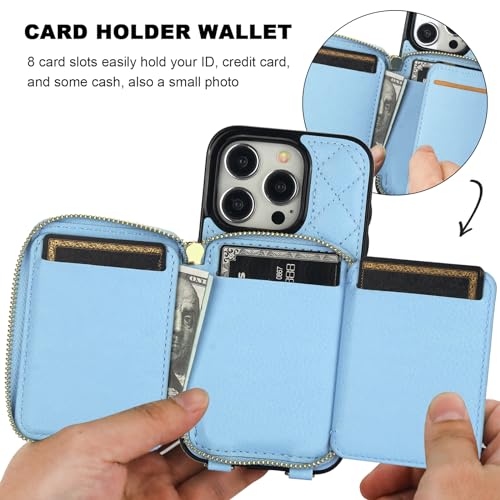 Bocasal Crossbody Wallet Case Card Holder for iPhone 15 Pro, Light Blue | RFID Blocking PU Leather Zipper Handbag Purse, Kickstand Flip Folio Case with Card Slots Holder Wrist Strap Lanyard 6.1 Inch - color: Blue