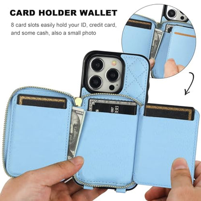 Bocasal Crossbody Wallet Case Card Holder for iPhone 15 Pro, Light Blue | RFID Blocking PU Leather Zipper Handbag Purse, Kickstand Flip Folio Case with Card Slots Holder Wrist Strap Lanyard 6.1 Inch - color: Blue