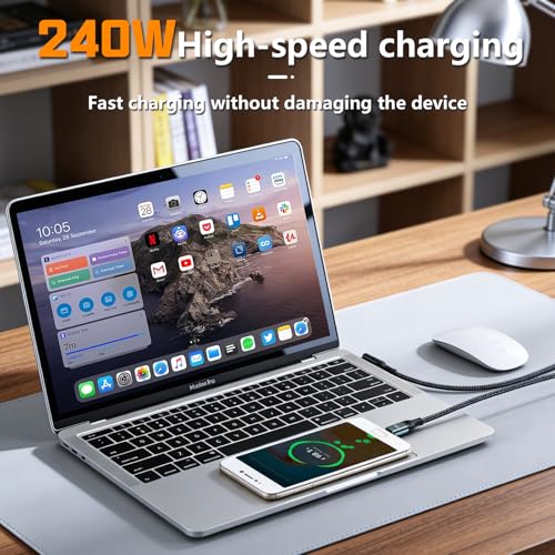 Danfetsoy 240W Right Angle USB C to USB C Cable [6.6ft / 2Pack Type C ], Nylon Braided Type C Male to Male Fast Charging Cable for iPhone 16/15, Galaxy S25/S24 Ultra, MacBook, Laptop, Black