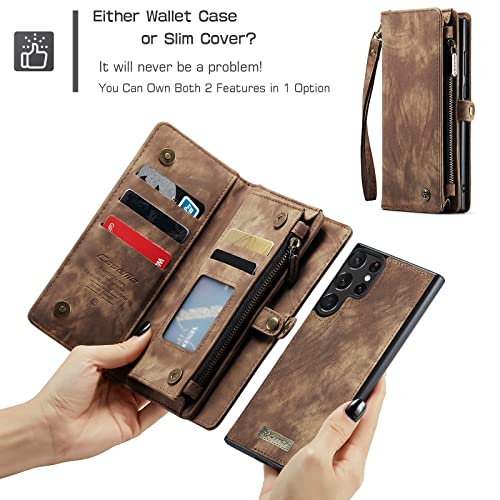 Samsung Galaxy S23 Ultra Wallet Case,Zipper Folio Leather Case Wallet with Card Holder Strap Wristlet Detachable Magnetic Protective Back Case for Samsung Galaxy S23 Ultra 5G 6.8 Inch(Brown) - color: Brown, size: S23 Ultra 5G 6.8 Inch