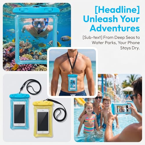 2 Pack Waterproof Phone Pouch Underwater Dry Bag Ultra-Clear Dual-Sided Touchscreen Case with Lock Seal for Swimming Snorkeling & Beach-Yellow-Blue - color: Yellow-Blue