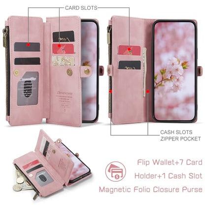 Defencase for Samsung Galaxy S25 Wallet Case with RFID Card Holder, Pink | Durable Soft PU Leather, with Zipper Pocket, Wrist Strap, Fashion Snap Flip S25 Phone Cases Cover with Stand for Women Men - color: Airy Rose Pink