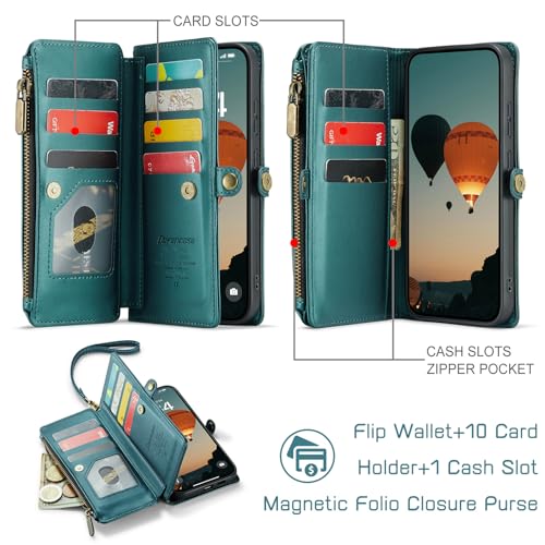Defencase for Samsung Galaxy S26 Wallet Case with RFID Card Holder, Green | Durable Soft PU Leather, with Zipper Pocket, Wrist Strap, Fashion Snap Flip S26 Phone Cases Cover with Stand for Women Men - color: Blue Green