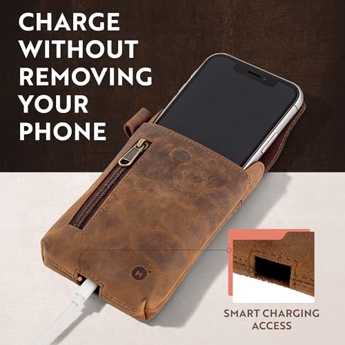 Moonster Leather Phone Holster – Genuine Full-Grain Leather for iPhone 17/16/15/14 Pro Max & Plus, Galaxy S25/S24 Ultra – Slim Belt Clip Phone Pouch with Magnetic Closure, Fits Thick Cases – 7” x 3.5” - color: Brown Vertical