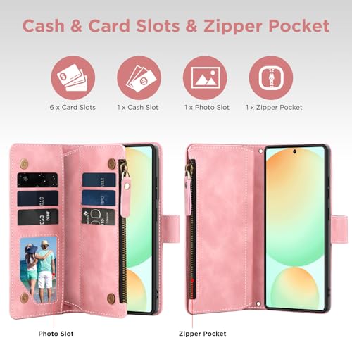 for Samsung Galaxy S24-FE-Wallet Case: with RFID Blocking Card Slots (6 Cards) | Soft PU Leather Magnetic Snap Zipper Pocket | Crossbody Wrist Strap Protective Phone Cover - Pink - color: Pink, size: Galaxy S24 FE（6.7‘’）