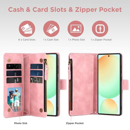 for Samsung Galaxy S24-FE-Wallet Case: with RFID Blocking Card Slots (6 Cards) | Soft PU Leather Magnetic Snap Zipper Pocket | Crossbody Wrist Strap Protective Phone Cover - Pink - color: Pink, size: Galaxy S24 FE（6.7‘’）