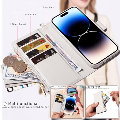 for iPhone 16 2-in-1 Magnetic Crossbody Wallet Case + Wrist Strap | Wireless Charging After Wallet Removal, Detachable Crossbody/Wrist Straps, Landscape Stand, Card Holder and Zipper Pocket - color: Cream apricot, size: iPhone 16