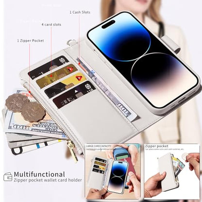 for iPhone 16 2-in-1 Magnetic Crossbody Wallet Case + Wrist Strap | Wireless Charging After Wallet Removal, Detachable Crossbody/Wrist Straps, Landscape Stand, Card Holder and Zipper Pocket - color: Cream apricot, size: iPhone 16