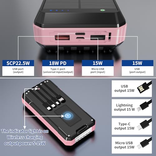 Solar Power Bank 49800mAh, Portable Charger with Built-in 4 Cables, 22.5W Fast Charging Solar Panel Charger for Traveling, Camping and Emergency(Pink) - color: Pink